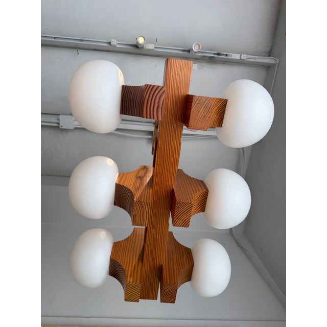 Mid 20th Century Vintage Scandinavian Pine Chandelier With Frosted Globes For Sale - Image 5 of 6