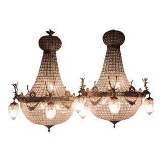 1970 French Louis XVI Gold Bronze Deer Head Chandeliers Pair For Sale