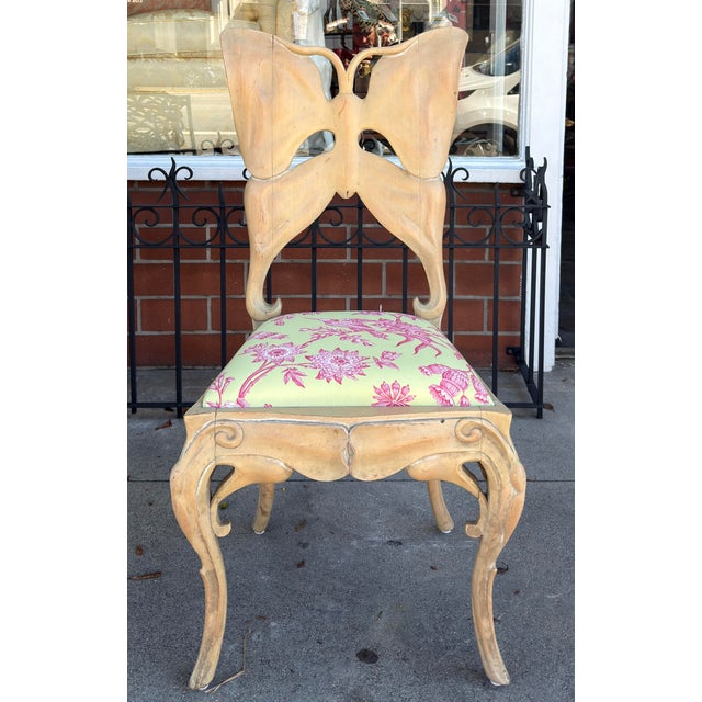 Rare Antique Art Nouveau Carved Butterfly Back Chair - 1 of 2 Available. Freshly upholstered in Scalamandre pink & green...