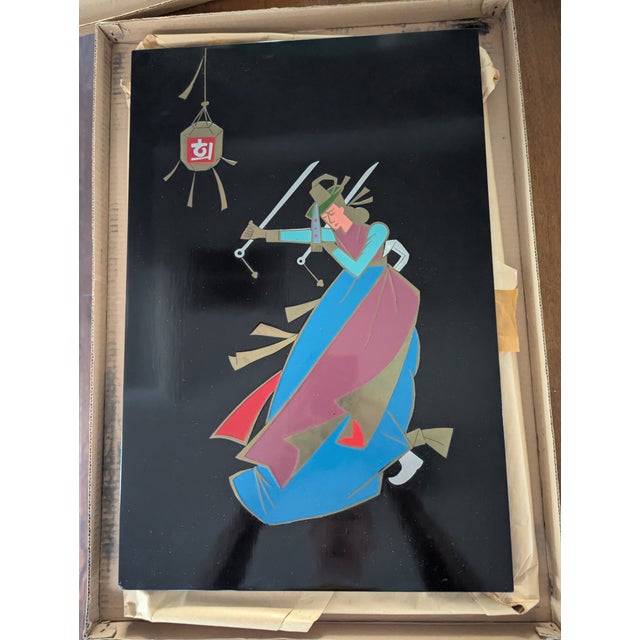 A striking, highly graphic vintage 1970s Korean lacquerware wall plaque panel from the renowned Minye Art studio. This...
