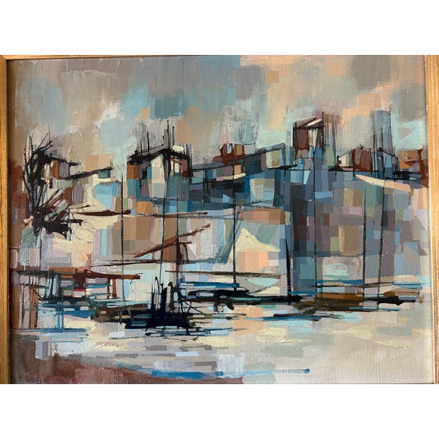 Abstract Anthony Thorn Vintage Oil Painting “Harbor Scene” 1960, Signed, Canadian Artist. For Sale - Image 3 of 5