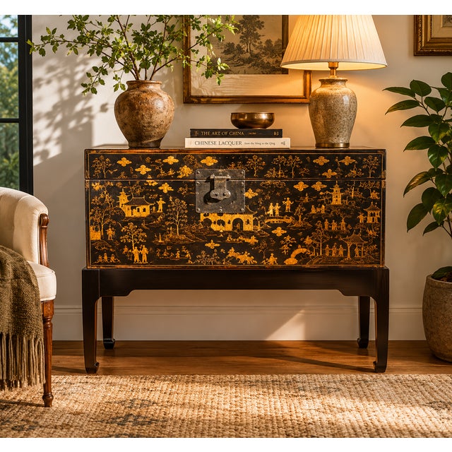 This antique trunk showcases exquisite hand-painted details on all sides, displaying remarkable craftsmanship. Preserved...
