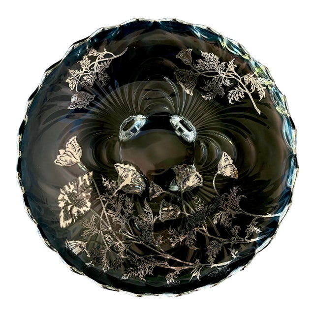 Vintage Silver Poppies Cake Plate by Silver City in the Flanders Clear Pattern, 1940s Pedestal Platter For Sale