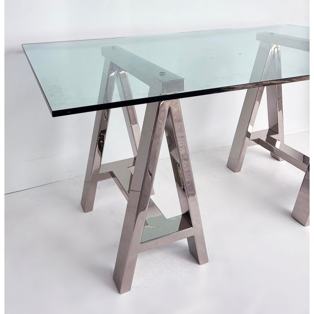 Williams-Sonoma Williams Sonoma Home "Mason" Sawhorse Glass Top Table/Writing Desk For Sale - Image 4 of 15