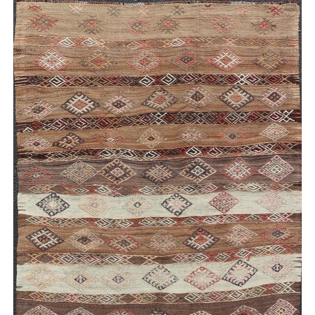 Tribal Vintage Turkish Embroidered Flatweave Rug Gallery With Striped Geometric Design For Sale - Image 3 of 12