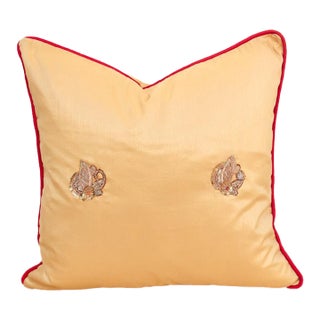 Shahi Saffron Gold Zardozi Silk Pillow, Peacock Motif For Sale