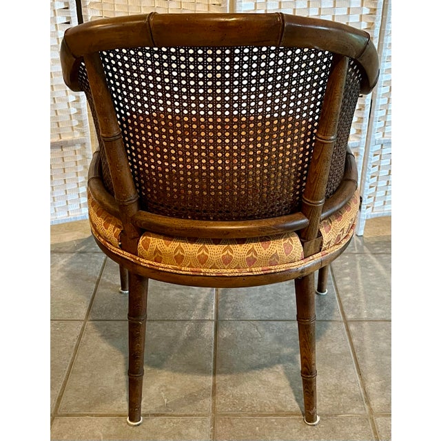 Mid 20th Century Faux Bamboo and Cane Barrel Chairs With Blockprint Upholstery - Set of 4 For Sale In New York - Image 6 of 12