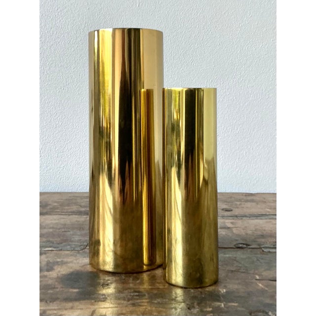 Metal Vintage Boho Brass Cylinder Vases - Set of 2 For Sale - Image 7 of 12