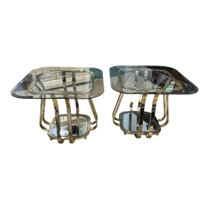 Milo Baughman Style Brass and Glass End Tables With Mirrored Glass - Set of 2, 1970s Hollywood Regency