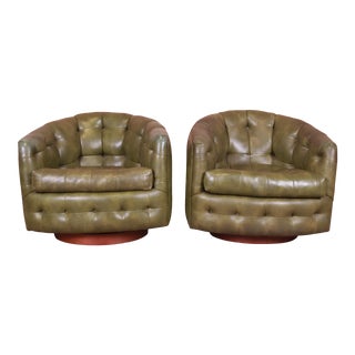 Milo Baughman for Thayer Coggin Tufted Barrel Back Swiveling Lounge Chairs, Pair For Sale