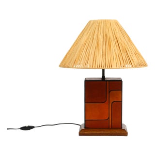 Table Lamp in Wood and Leather with Paper Straw Lampshade, Italian, 1960s For Sale