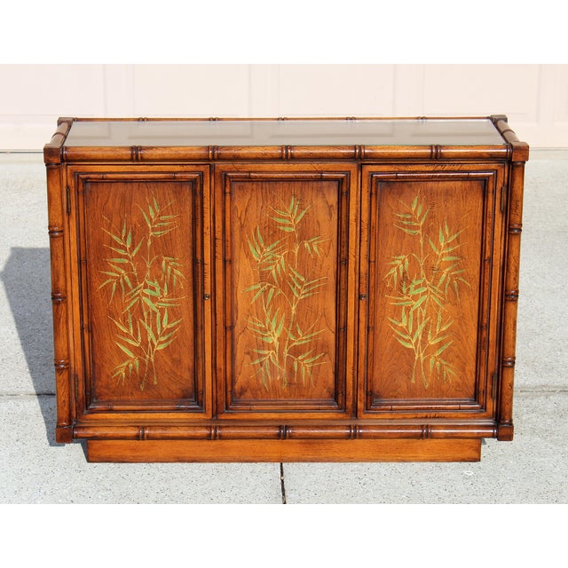 1970s Vintage Brandt Embassy Collection Hollywood Regency Faux Bamboo Credenza Cabinet With Hand-Painted Bamboo Motif – Asian Chinoiserie Sideboard Console For Sale - Image 5 of 18