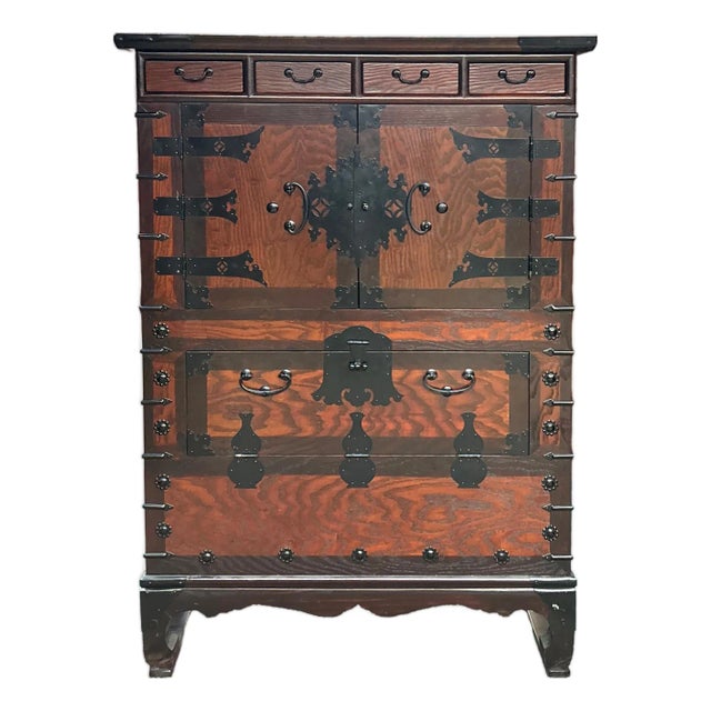 Oriental Brown Black Hardware Drawers Accent Storage Cabinet For Sale