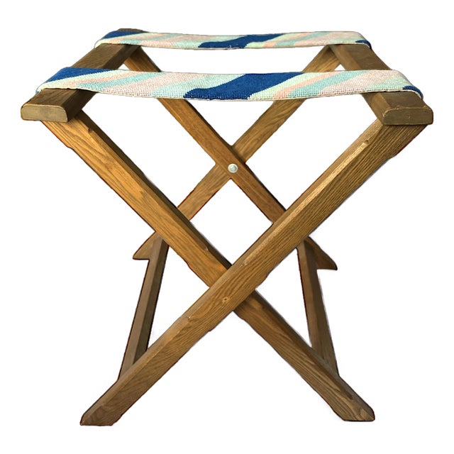 1980s Vintage Striped Needle Point Wooden Luggage Rack For Sale