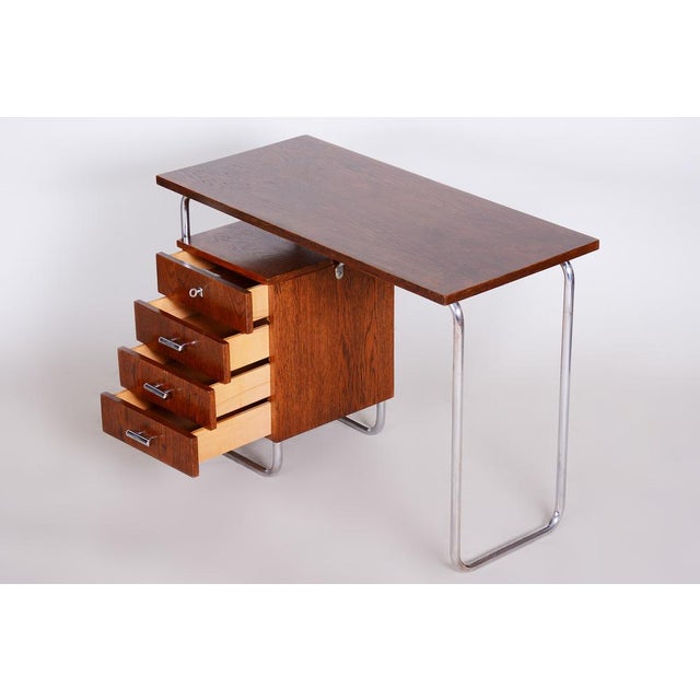 Bauhaus Writing Desk in Oak and Chrome by R. Slezák, Czech, 1930s For Sale - Image 6 of 14