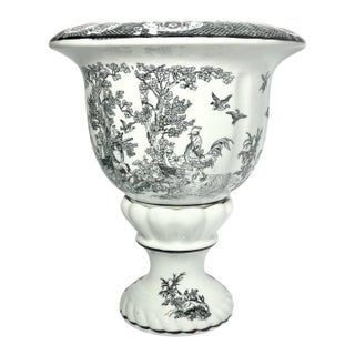 Porcelain Chinoiserie Toile Black & White Pedestal Transfer Planter Pot For Sale