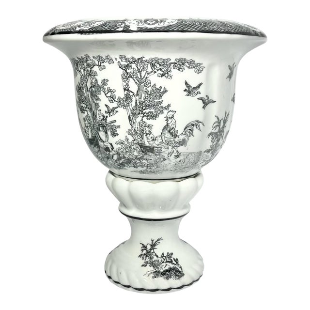 Porcelain Chinoiserie Toile Black & White Pedestal Transfer Planter Pot For Sale