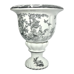 Porcelain Chinoiserie Toile Black & White Pedestal Transfer Planter Pot