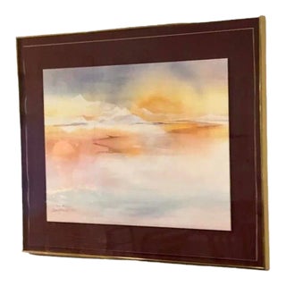 Mid 20th Century Vintage Pencil Signed and Numbered Watercolor Painting Print of Dreamy Pastel Mountain and Sky Scene, by Lambrecht For Sale
