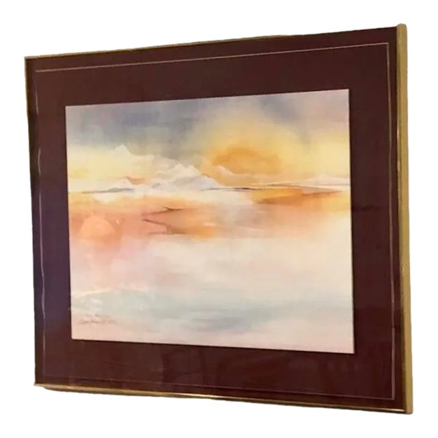 Mid 20th Century Vintage Pencil Signed and Numbered Watercolor Painting Print of Dreamy Pastel Mountain and Sky Scene, by Lambrecht, Framed For Sale