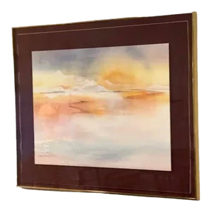 Mid 20th Century Vintage Pencil Signed and Numbered Watercolor Painting Print of Dreamy Pastel Mountain and Sky Scene, by Lambrecht, Framed