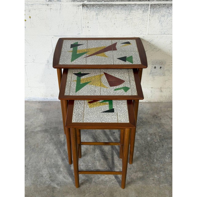 Mid-Century Modern Teak Abstract Mosaic Tile Top Nesting Tables Set of 3 Mid-Century Modern 1960s For Sale - Image 3 of 10