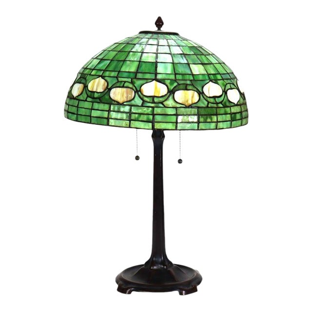 Vintage Tiffany Leaded Stained Glass Table Lamp With Acorn Shade 20thC For Sale
