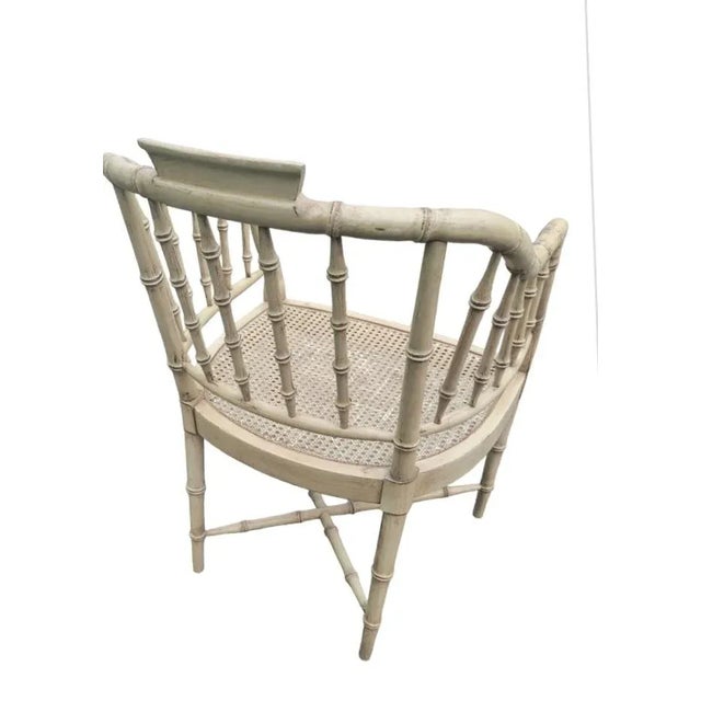 1970s Vintage Distressed Tan Faux Bamboo Cane Seat Regency Arm Side Chair For Sale - Image 5 of 7