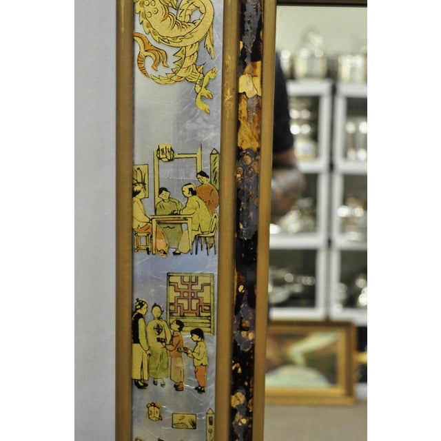 Mid 20th Century Vintage Chinoiserie Figural Eglomise Reverse Painted Oriental Wall Mirror For Sale - Image 5 of 18