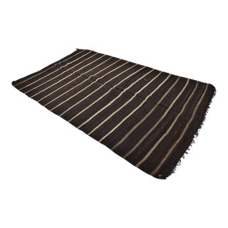 Large Vintage Handwoven Kilim - Dark Brown & Off-White Striped Wool Area Rug For Sale