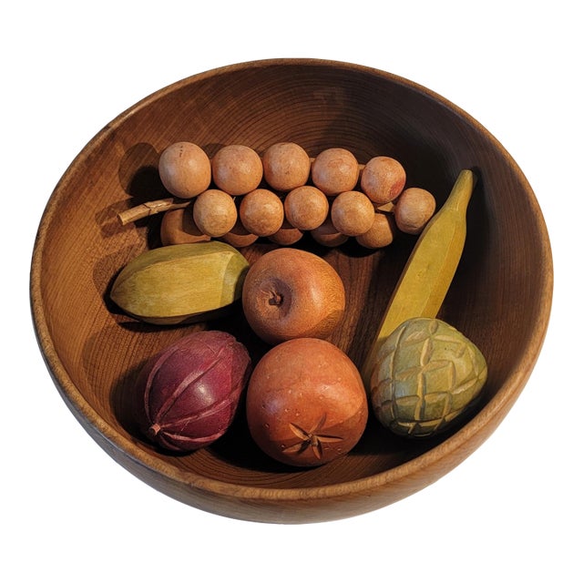 Mid 20th Century Wooden Bowl With Wooden Fruit For Sale