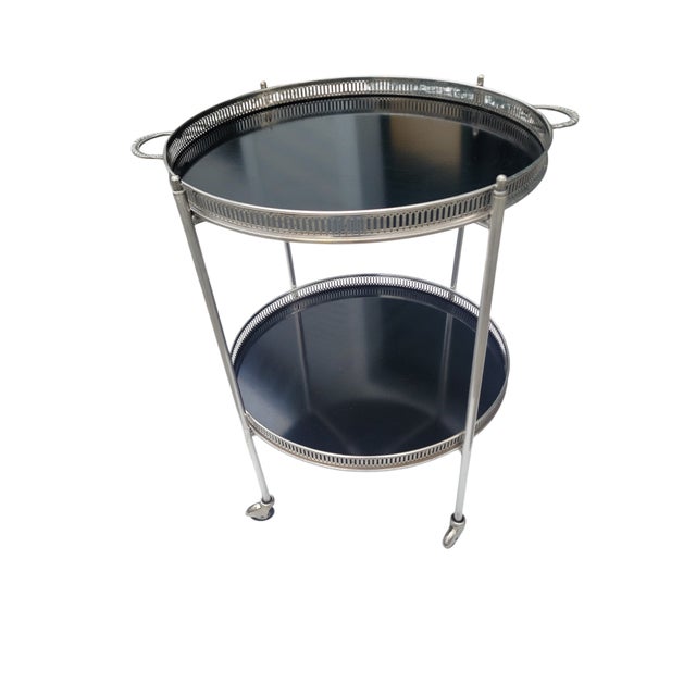 French Hollywood Regency Nickel Bar Cart With Black Formica Trays – Mid Century 2-Tier Trolley For Sale - Image 10 of 11