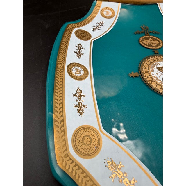Vintage MCM Georges Briard Teal & Gold Butterfly Curved Glass Tray W/ Wood Handles For Sale - Image 10 of 10