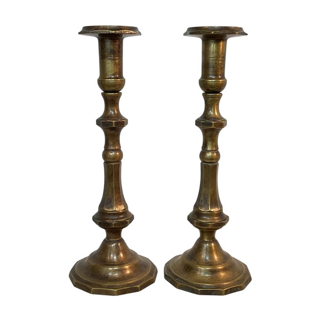 Antique Brass Candlesticks With Patina 15” - A Pair For Sale - Image 6 of 13