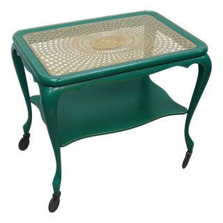 Chippendale Style Side Table on Wheels with Vienna Style Rattan and Glass Table Top, 1930s For Sale