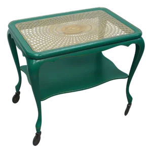 Chippendale Style Side Table on Wheels with Vienna Style Rattan and Glass Table Top, 1930s