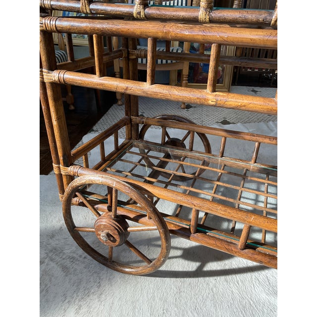 Vintage Bamboo Bar Cart With Glass Shelf & Removable Tray For Sale - Image 16 of 18
