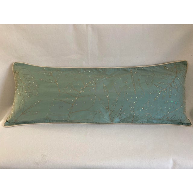 Textile Contemporary Embellished Tropical Botanical Sage Long Lumbar Accent Pillow Cover For Sale - Image 7 of 7
