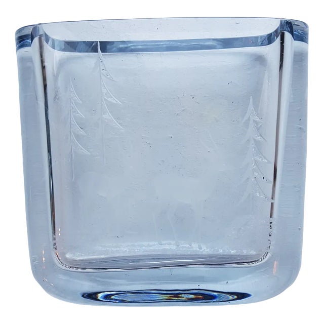 Swedish Ice Blue Glass Vase with Etched Forest Motiv For Sale