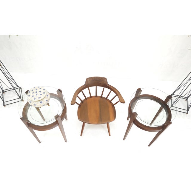 Mid-Century Modern Pair Two Tier Glass Top Shelf Oiled Walnut Round End Side Occasional Table MINT For Sale - Image 3 of 9