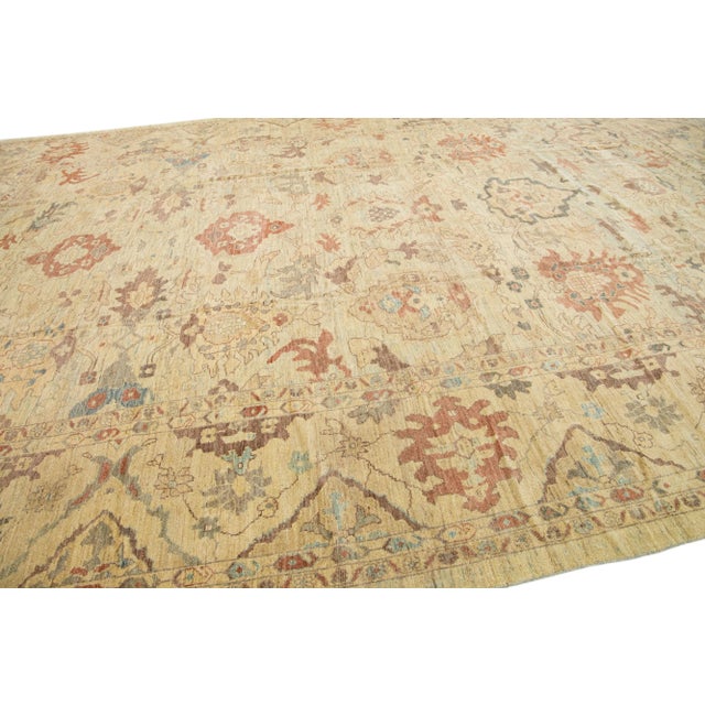 Beige & Blue Modern Sultanabad Handmade Floral Designed Wool Rug For Sale In New York - Image 6 of 7