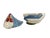 A vintage ceramic chicken-shaped soup tureen with a blue spongeware or stipple pattern "shawl" and base, most commonly...