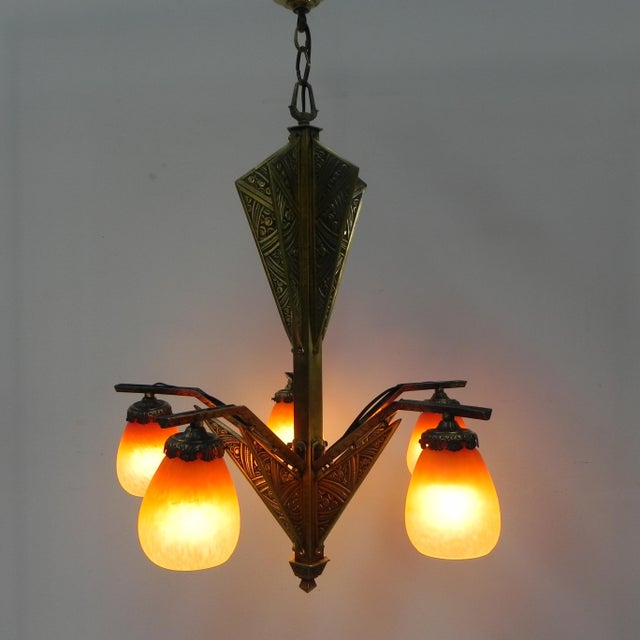 Art Deco Brass Hanging Lamp with 5 Pates De Verre Shades, 1930s For Sale - Image 16 of 18