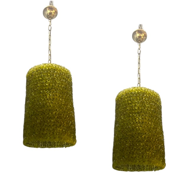 Vintage Olive Green Murano Glass Flower Pendant Lights, 1980s, Set of 2 For Sale