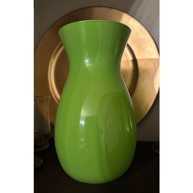 Mid Century Vintage Chartreuse blown glass vase set. 8in by approx 5in in width.