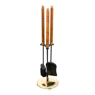 Mid Century Modern Fireplace Tools Wood Brass Brass Pilgrim Seymour Nelson MCM For Sale