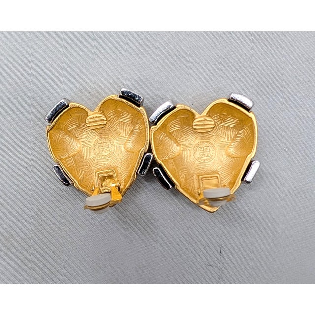 Metal Vintage 1980s Signed Givenchy Goldtone Pavé Clear Rhinestone X Heart Clip Earrings-2 Pieces For Sale - Image 7 of 8