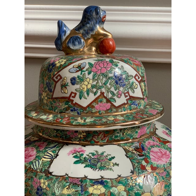 Mid-Century Modern Rose Medallion Famille Rose Foo Lion Temple Jar With Mahogany Stand - 25.5" Tall For Sale - Image 3 of 13