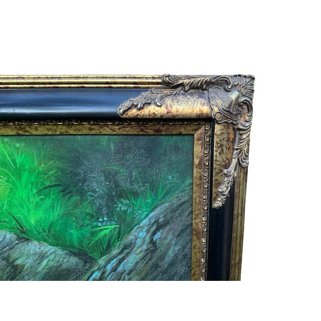 Late 20th Century Vintage Oil on Canvas Leopard in Tropical Landscape, Ornate Gilt Frame For Sale - Image 5 of 7