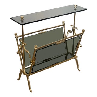 1940s Brass magazine rack with blue glass For Sale